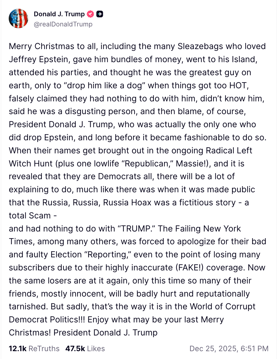 Summary of a societal  media station  by Donald J. Trump, mentioning assorted  governmental  figures, Epstein, and discussing media narratives and idiosyncratic   viewpoints