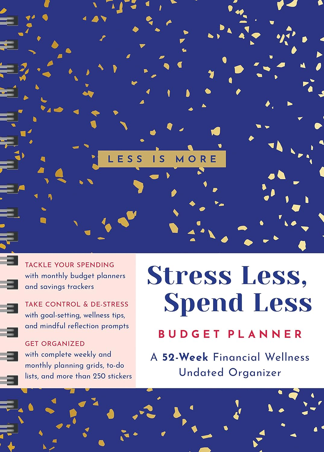 Cover of "Stress Less, Spend Less" budget planner with financial tips, wellness prompts, and planning grids for a 52-week financial wellness plan