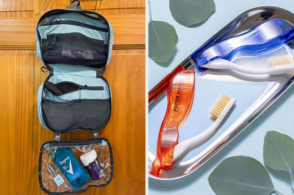 Hanging toiletry bag with compartments // two foldable toothbrushes on a tray