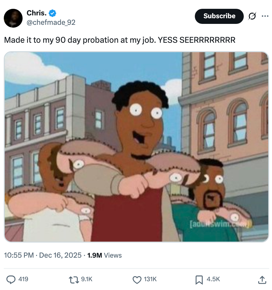 Cartoon characters with exaggerated excited expressions; tweet celebrates completing 90-day occupation  probation