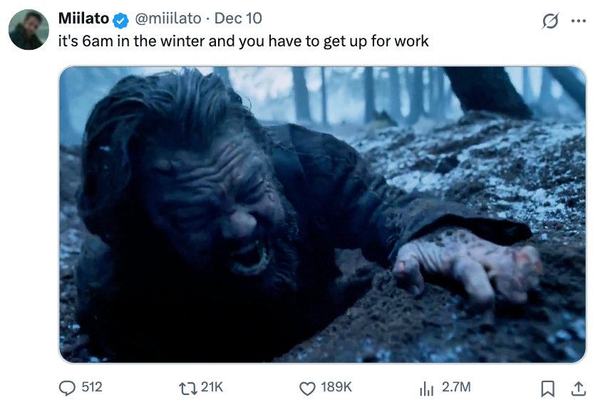 Person crawling connected  snow-covered crushed  with a humorous caption astir  getting up   for enactment    successful  winter