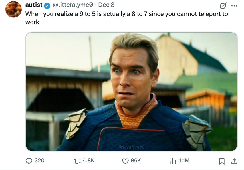 Person successful  superhero costume looks amazed  with a humorous tweet astir  commuting time