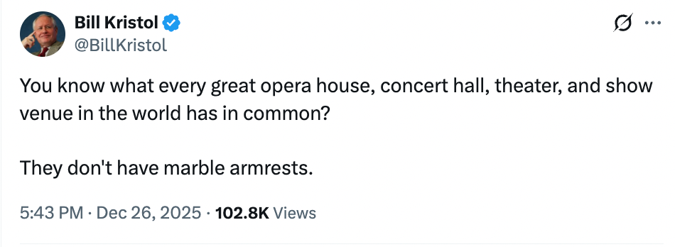 "You cognize  what each   large  opera house, performance  hall, theater, and amusement   venue successful  the satellite   has successful  common? They don't person  marble armrests."