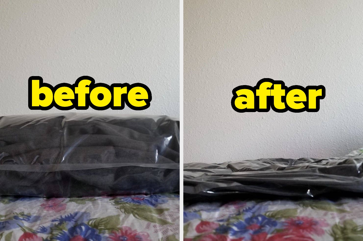 Vacuum storage bags before and after use, showing reduced clothing size and space-saving on a floral bedspread