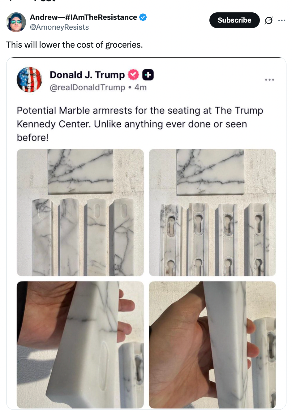 Tweet mocking marble armrests claimed by Donald J. Trump, saying they volition  little   market  costs