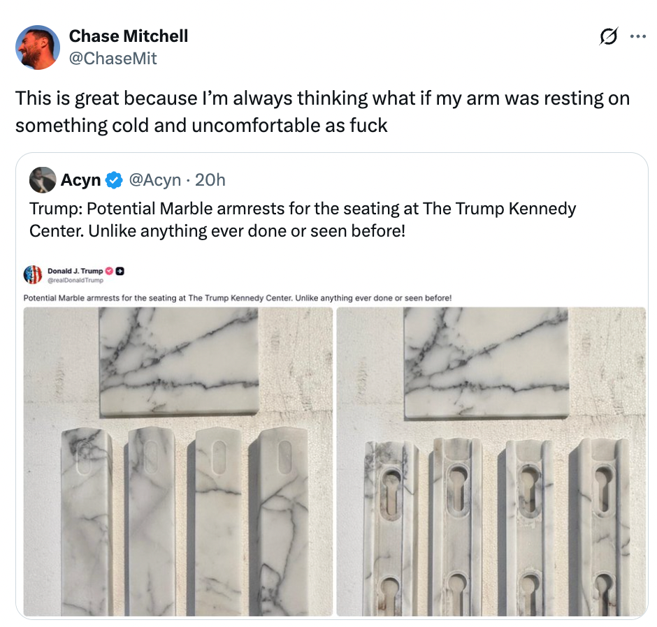 Screenshot of tweets discussing marble armrests projected  for the Trump Kennedy Center, with humorous commentary connected  their impracticality