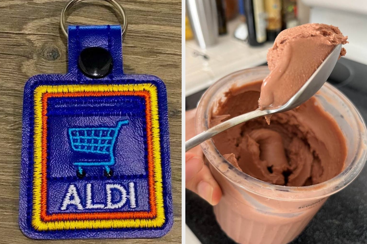 Keychain with ALDI logo next to a spoon scooping chocolate ice cream from a container
