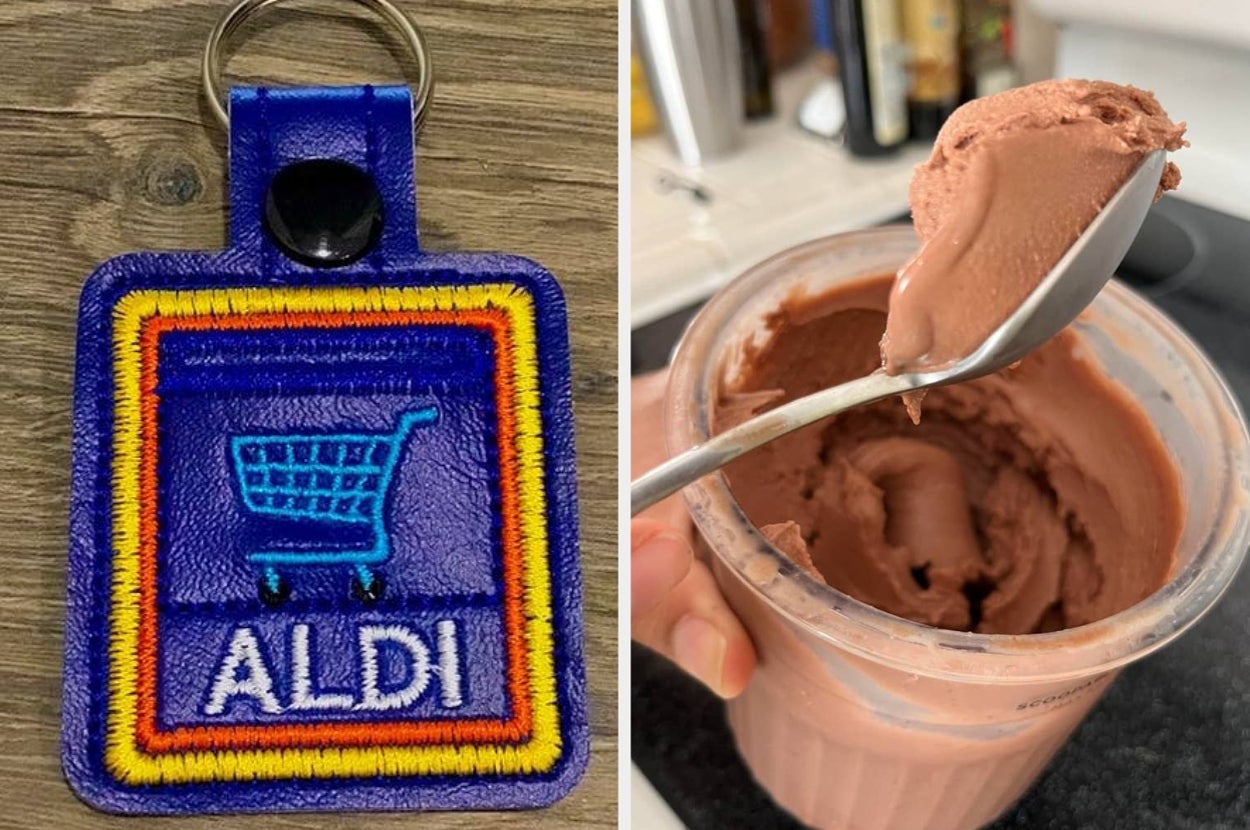 Keychain with ALDI logo next to a spoon scooping chocolate ice cream from a container