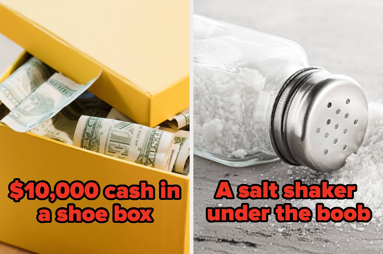 Left: Shoe box with $10,000 cash. Right: Spilled salt shaker on the surface. Red captions contrast two scenarios