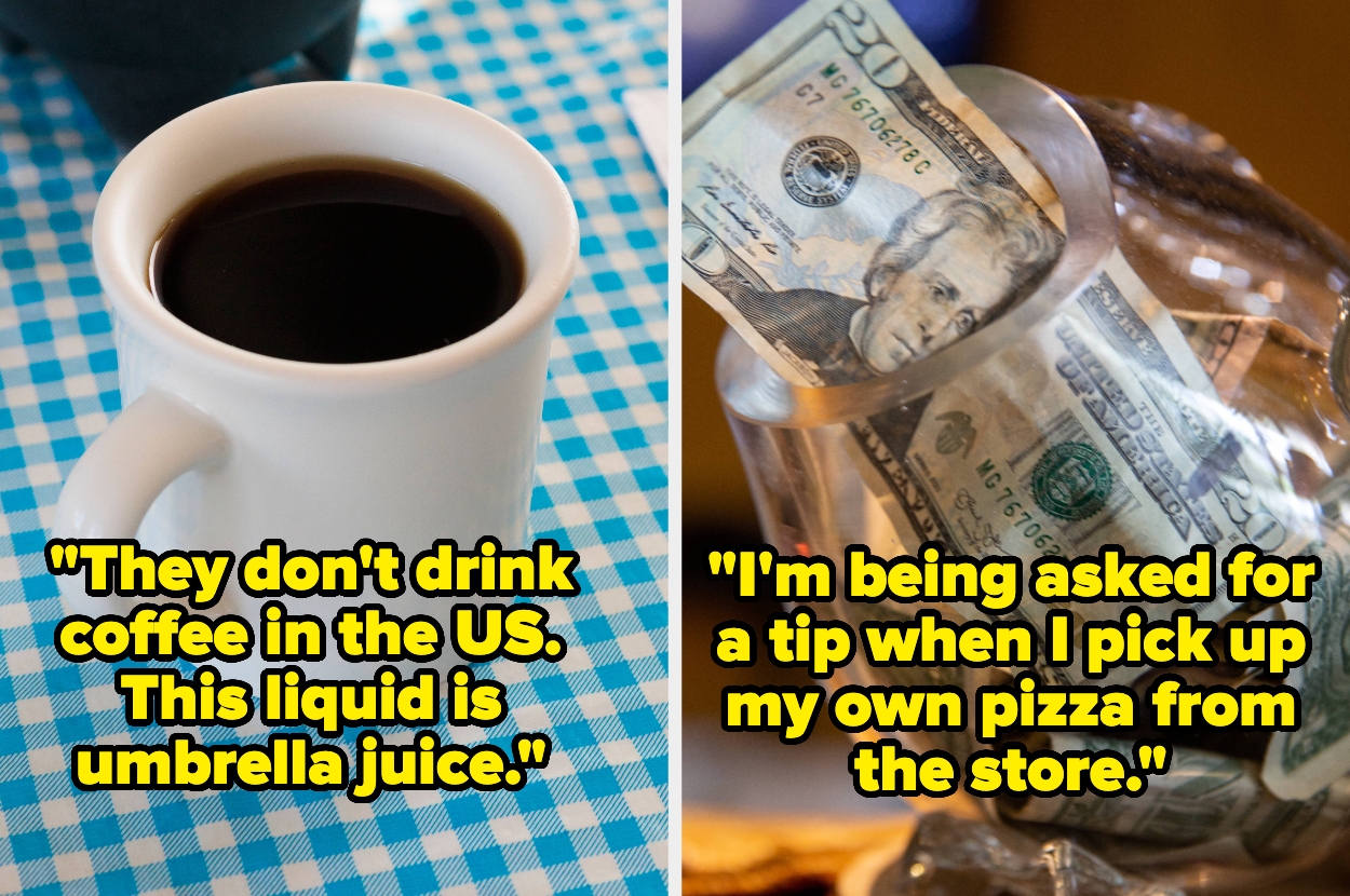 Left: A cup of coffee with text saying it's "umbrella juice." Right: A tip jar at a pizza store with a humorous tip comment