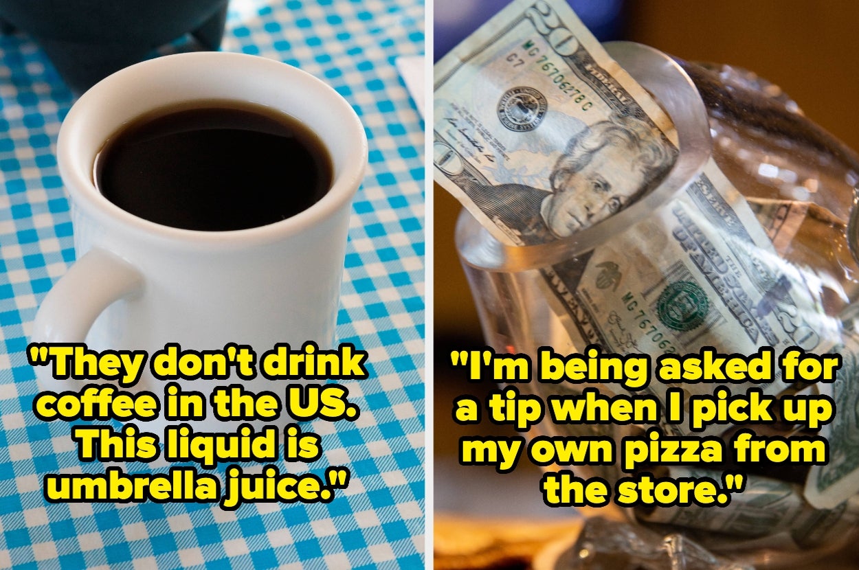 Left: A cup of coffee with text saying it's "umbrella juice." Right: A tip jar at a pizza store with a humorous tip comment