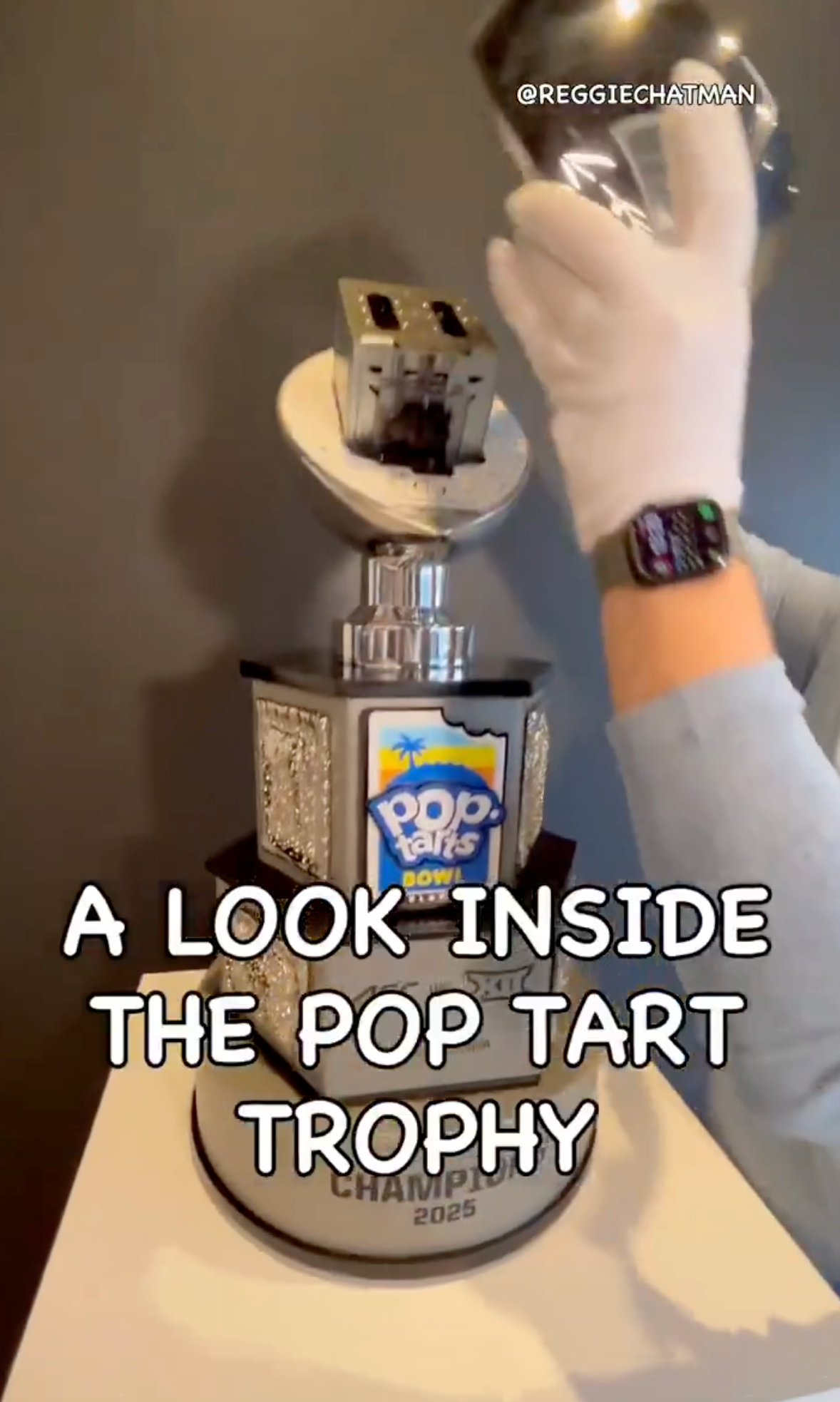 A idiosyncratic   removes the apical  of a Pop-Tarts-themed trophy labeled "Champion 2025."