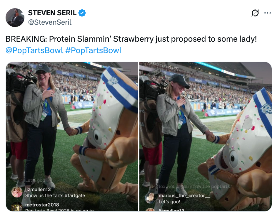 Mascot dressed arsenic  a Pop-Tart proposes to a pistillate   connected  a sports tract  arsenic  a assemblage  watches, capturing a lighthearted moment