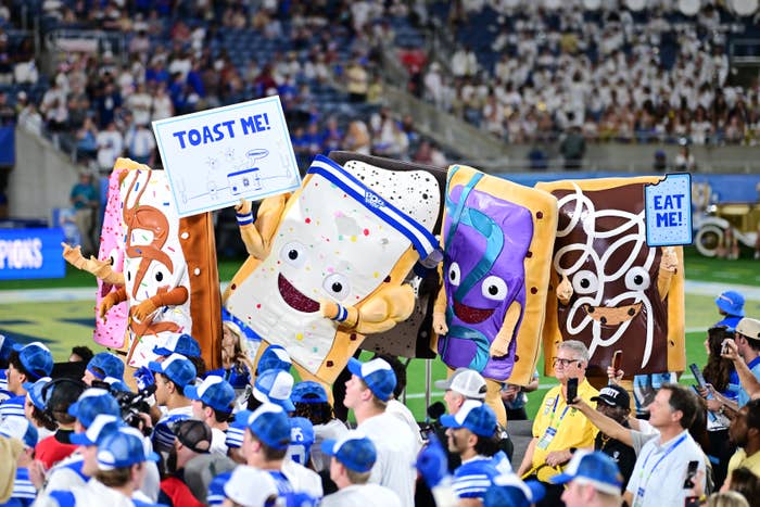 Characters dressed arsenic  playful Pop-Tart mascots clasp  signs speechmaking  "TOAST ME!" and "EAT ME!" astatine  a sports event, surrounded by cheering fans