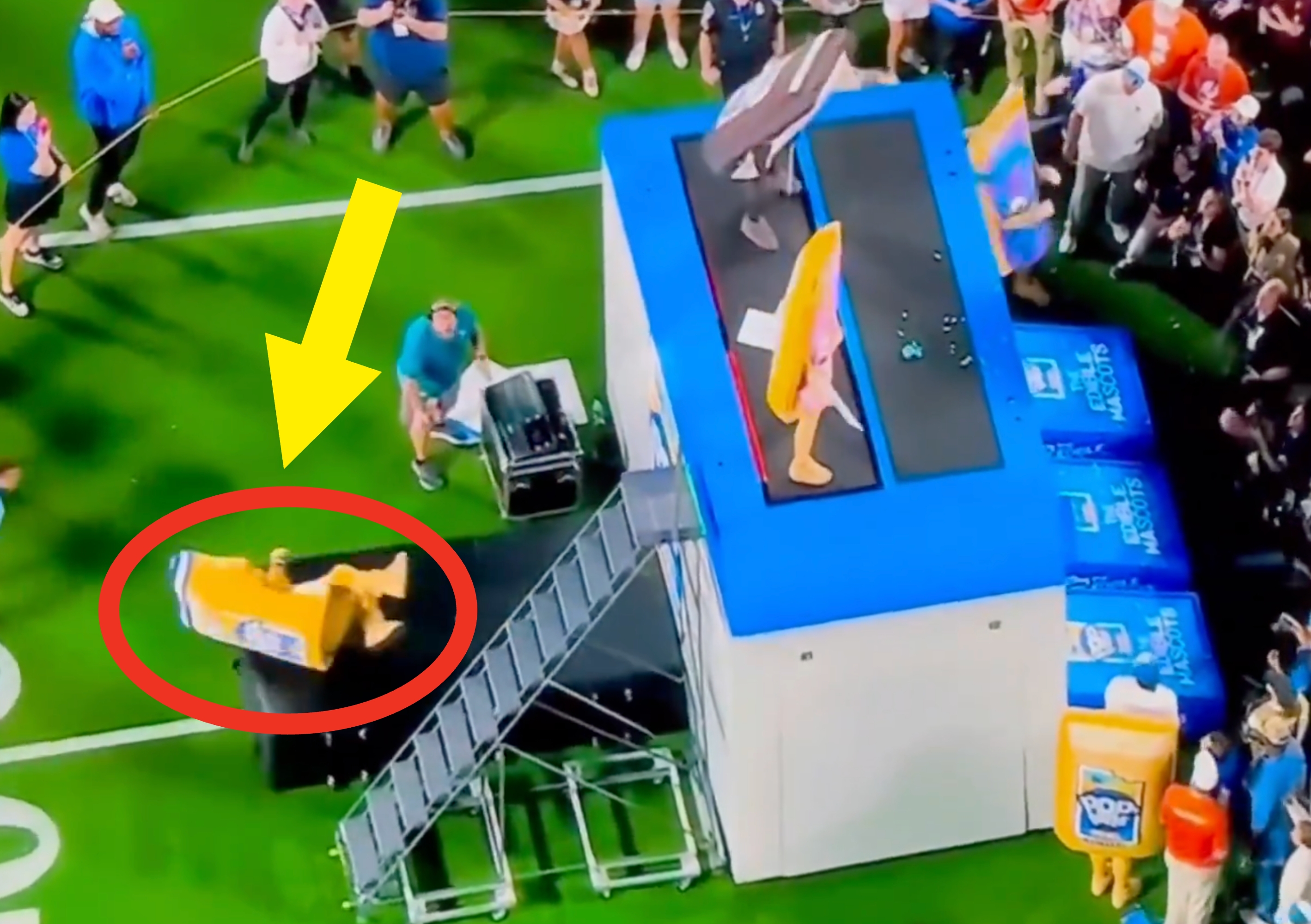 People successful  Pop-Tarts costumes contention    adjacent   a tiny  signifier    connected  a shot   field, with onlookers gathered around