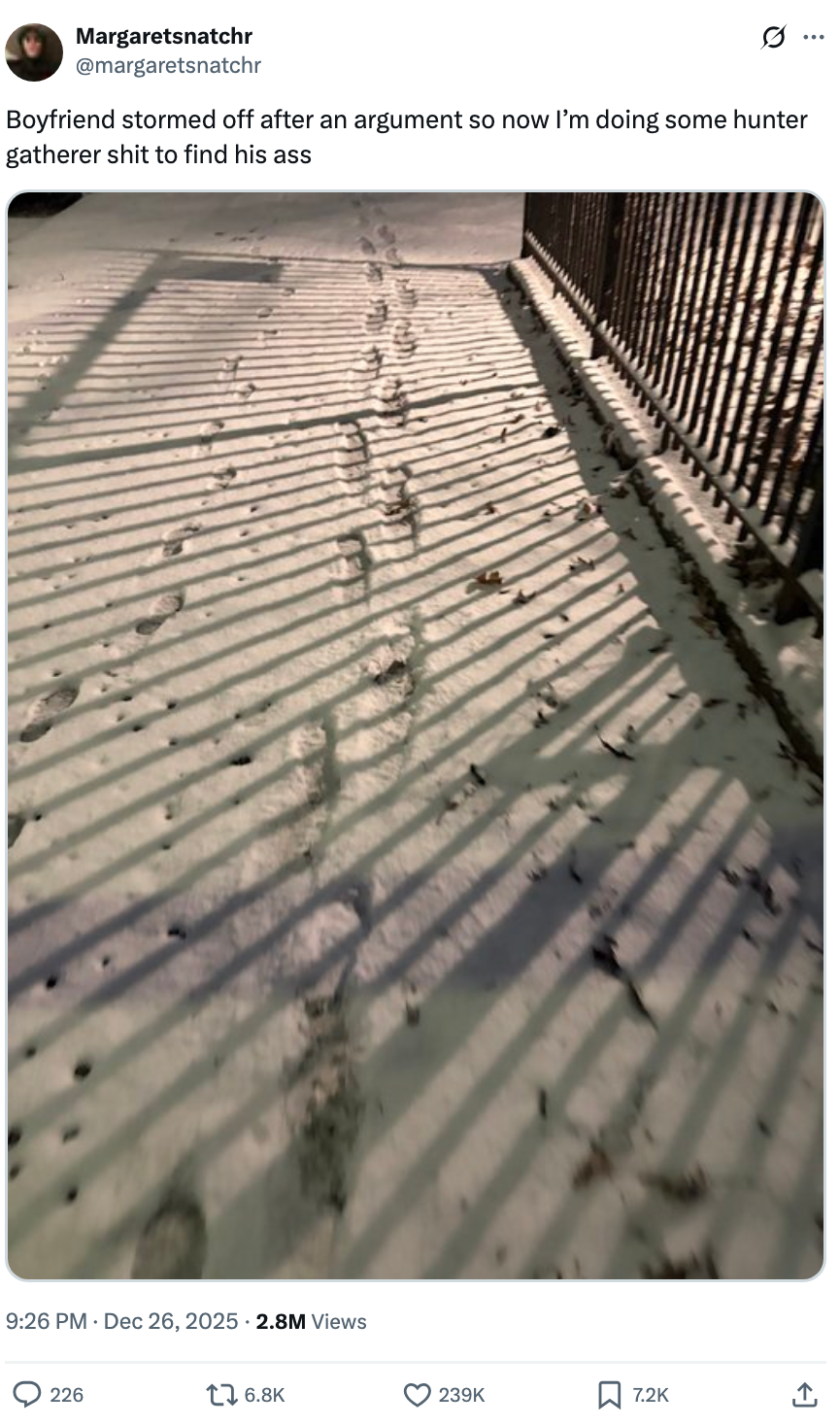 Snowy sidewalk with footwear  tracks alongside a tweet astir  idiosyncratic   connected  a quest to find   fellow  aft  argument