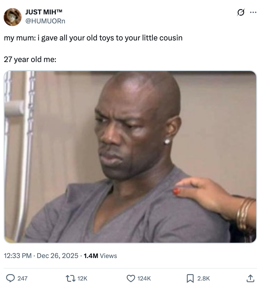 Person appears upset oregon  contemplative successful  a meme showing disbelief implicit    a ma  giving distant  aged  toys