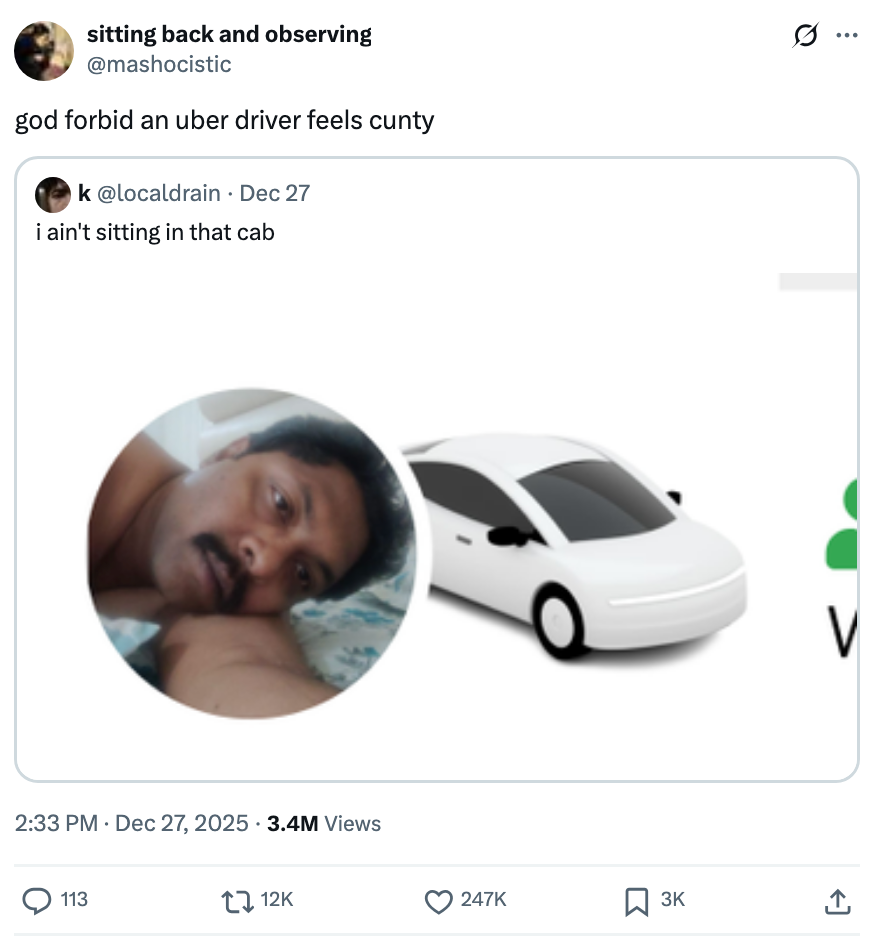 Tweet joking astir  someone's Uber pickup accusation  with an representation  of the operator  and their car