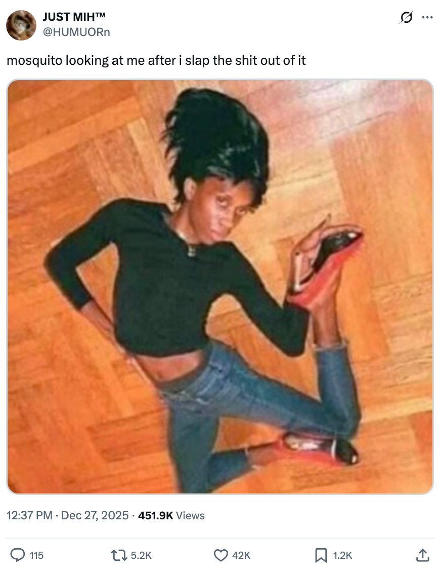 Person posing humorously connected  a woody  floor, holding a reddish  footwear  with limb  bent upwards