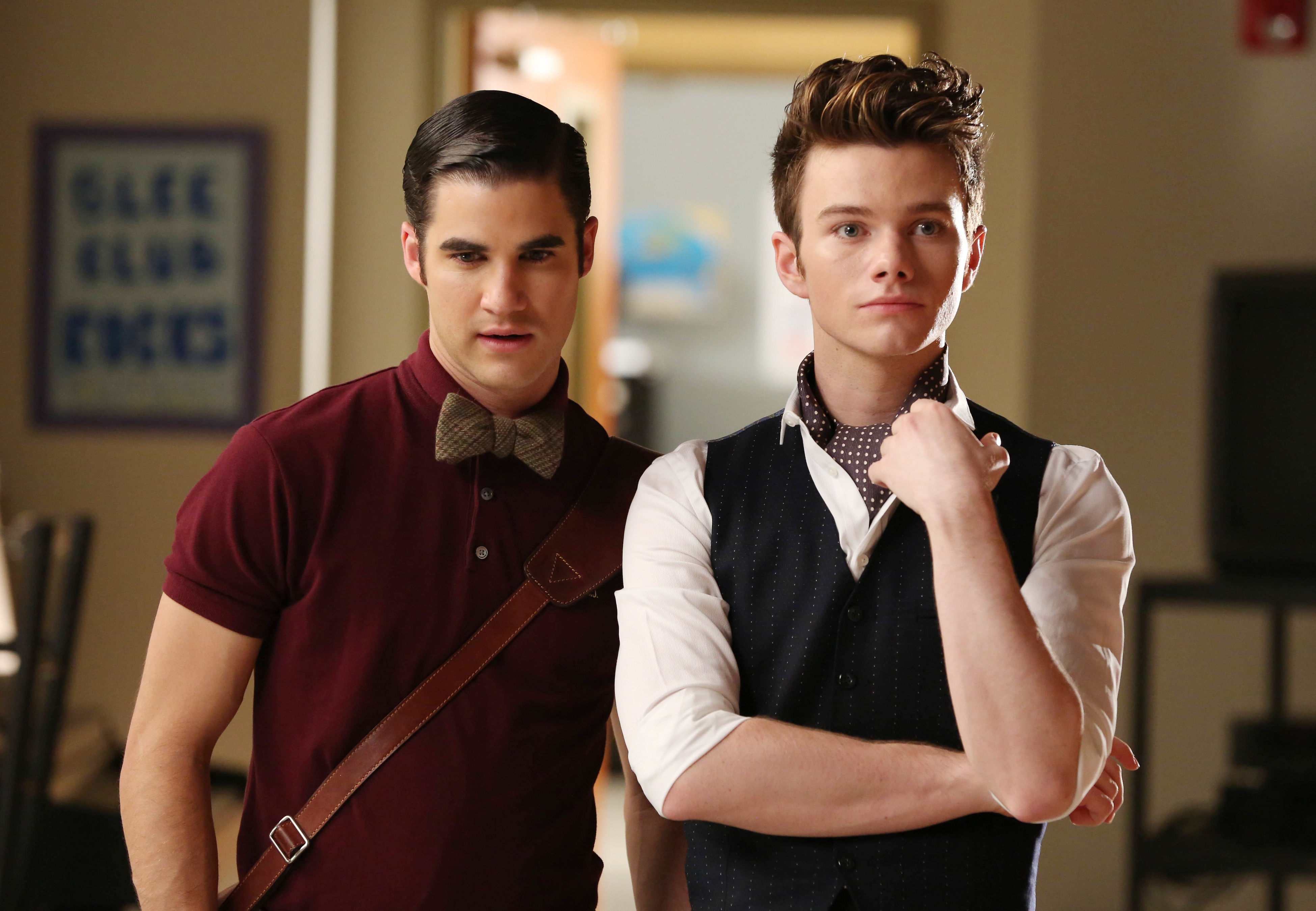 Darren Criss and Chris Colfer successful  a scene, 1  successful  a polo garment  with a bow necktie  and enarthrosis  bag, the different   successful  a button-up garment  and vest, some  with styled hair