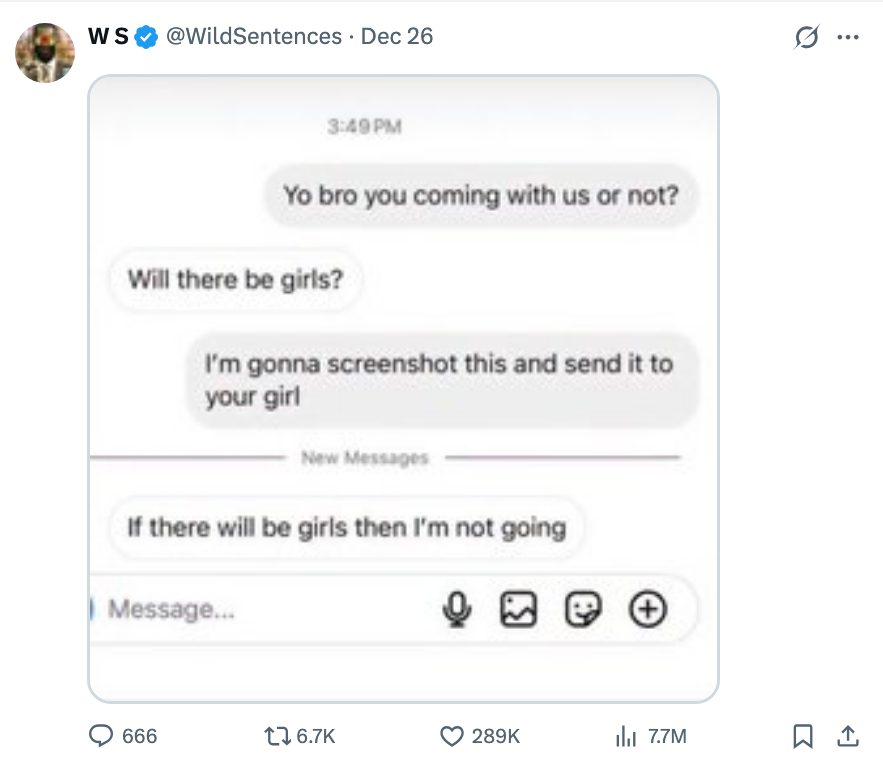 Screenshot of substance   messages joking astir  not attending an lawsuit   if girls are present, with accent  connected  sharing the connection   with someone's partner