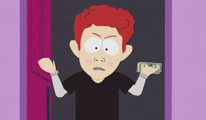 Animated character with red hair is shrugging while holding a dollar bill. They appear confused, standing near a door