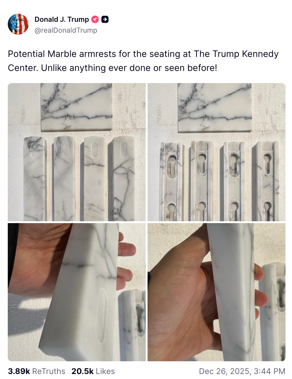 Image of marble armrests potential design for The Trump Kennedy Center, shared on social media with the caption highlighting uniqueness