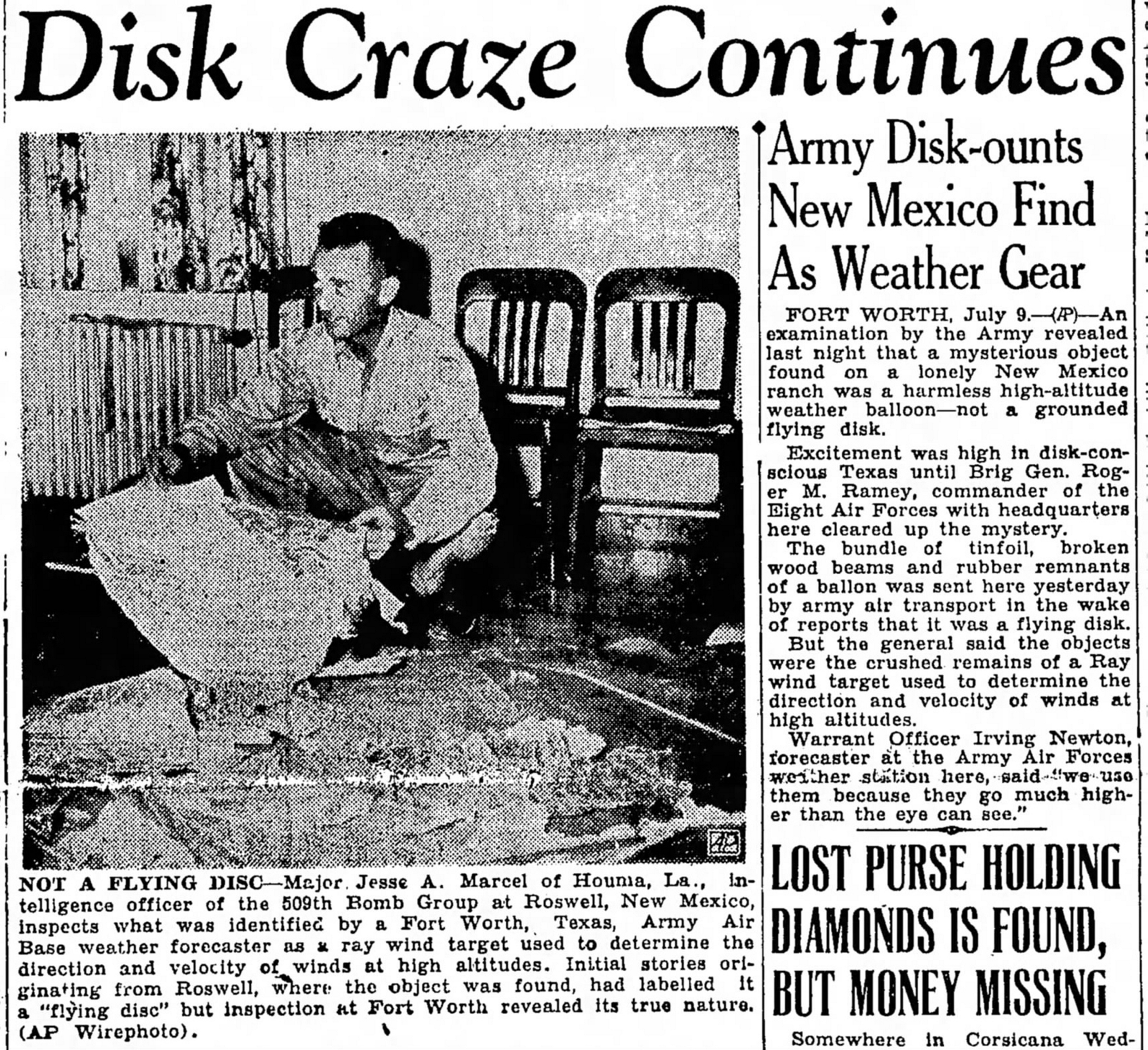 Newspaper article about a 1947 UFO sighting; military in New Mexico identify a find as a weather device, not a flying disc. Article includes photo of Jesse A. Marcel