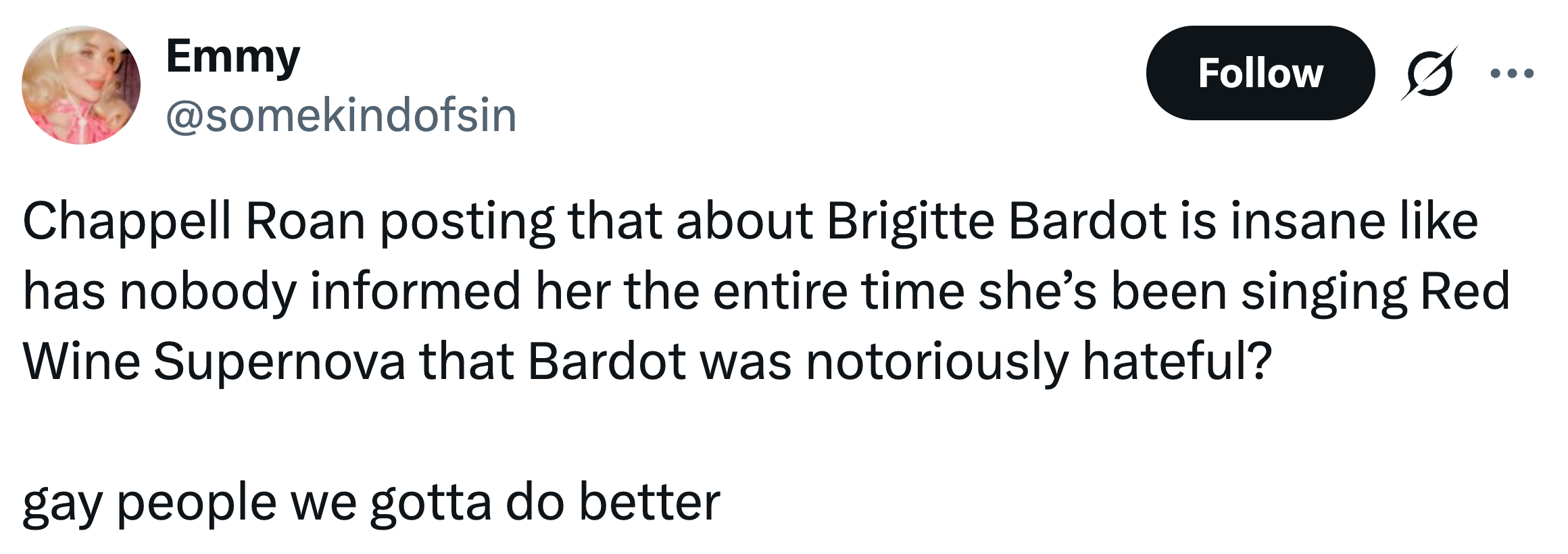 Tweet som kritiserer Chappell Roan for å ha skrevet om Brigitte Bardot, og noterte Bardots kontroversielle rykte. Understreker behovet for bevissthet