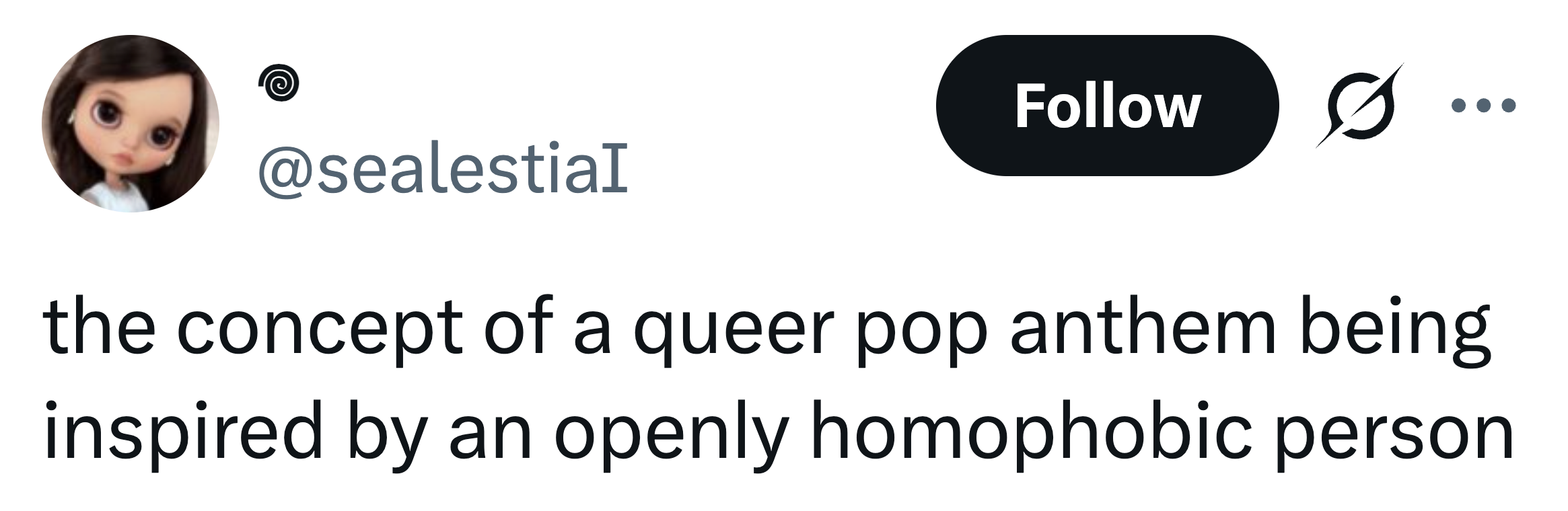 Tweet som diskuterer hvordan en queer pop-hymne konseptuelt blir inspirert av en åpent homofobisk person