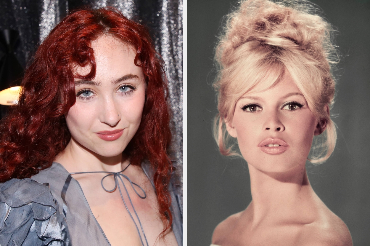 Two women with distinct hairstyles; left has curly red hair in modern attire, right has a vintage updo