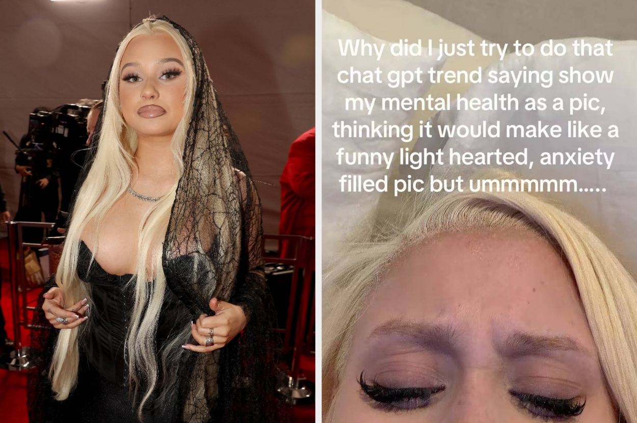 Alabama Barker in a lace garment on red carpet with long hair vs Alabama Barker discusses using a chat trend to depict mental health lightheartedly