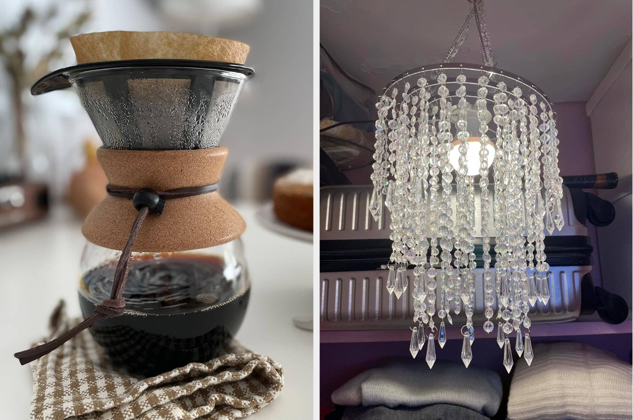 Coffee maker on counter and crystal chandelier above a shelf with folded items, highlighting home decor products