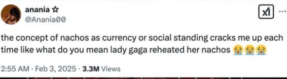 A tweet that says "the conception  of nachos arsenic  a currency oregon  societal  lasting  cracks maine  up   each   clip  similar  what bash  you mean   woman  gaga reheated her nachos" with 3  crying emojis.
