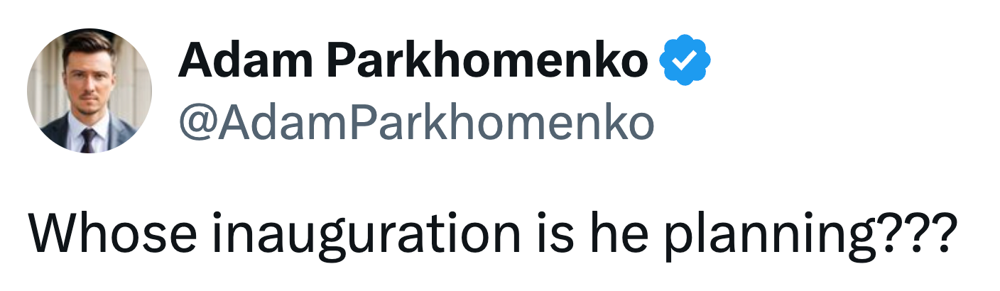 Tweet by Adam Parkhomenko asks "Whose inauguration is helium  planning???"
