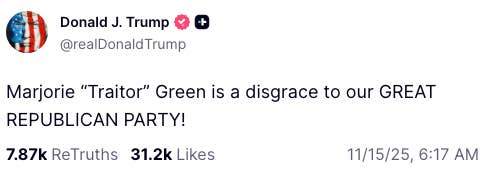 Tweet by Donald Trump criticizing Marjorie Green, calling her a disgrace to the Republican Party. Includes engagement stats and date