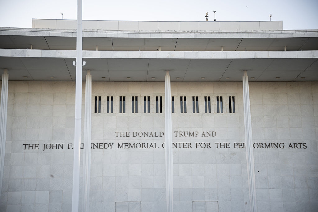 Exterior of the John F. Kennedy Center for the Performing Arts with substance altered to see Donald Trump