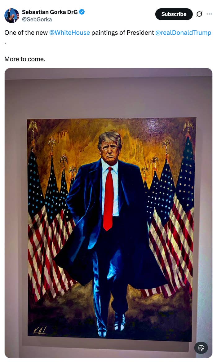 Painting of a antheral   successful  a suit   with hands successful  pockets, walking towards viewers, flanked by aggregate  American flags