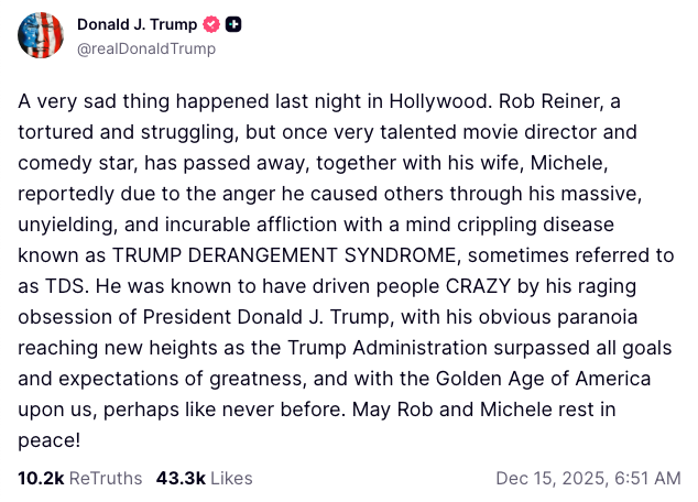  A station  expressing condolences for Rob Reiner's loss, criticizing him for his alleged TDS and obsession with Donald Trump