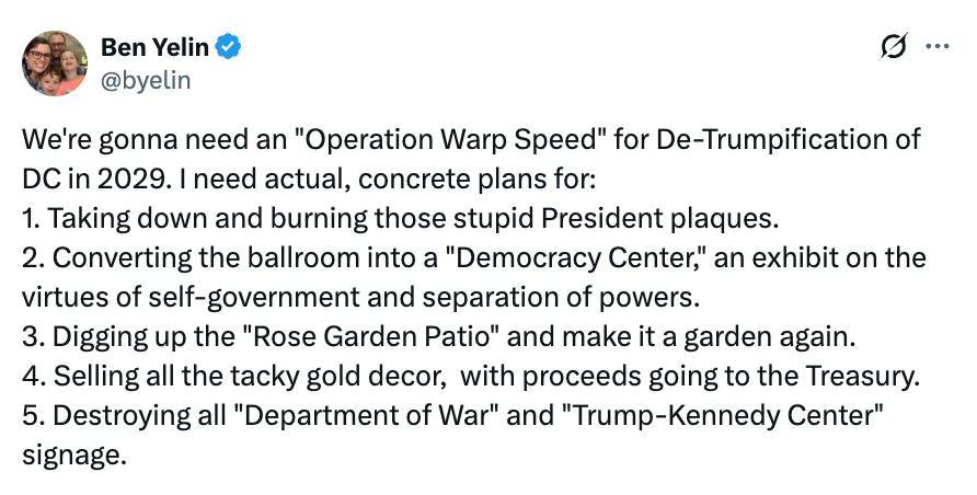 Tweet satirically calls for a 2029 program to region governmental symbols and redecorate, including renaming a halfway and transforming a patio into a garden
