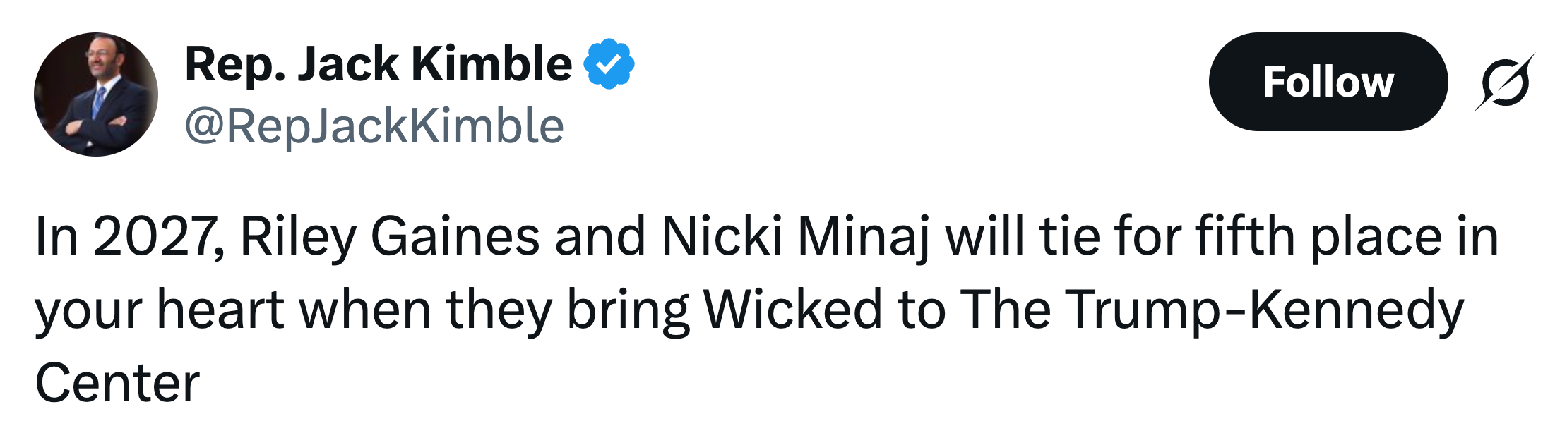 Tweet som fleiper om Riley Gaines og Nicki Minaj på femteplass i popularitet når de opptrådte Wicked på The Trump-Kennedy Center i 2027