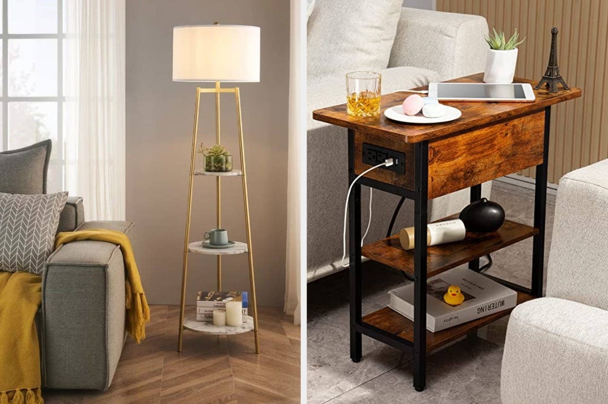 A modern living room with a floor lamp beside a couch and a wooden side table holding decor, a tablet, and beverages