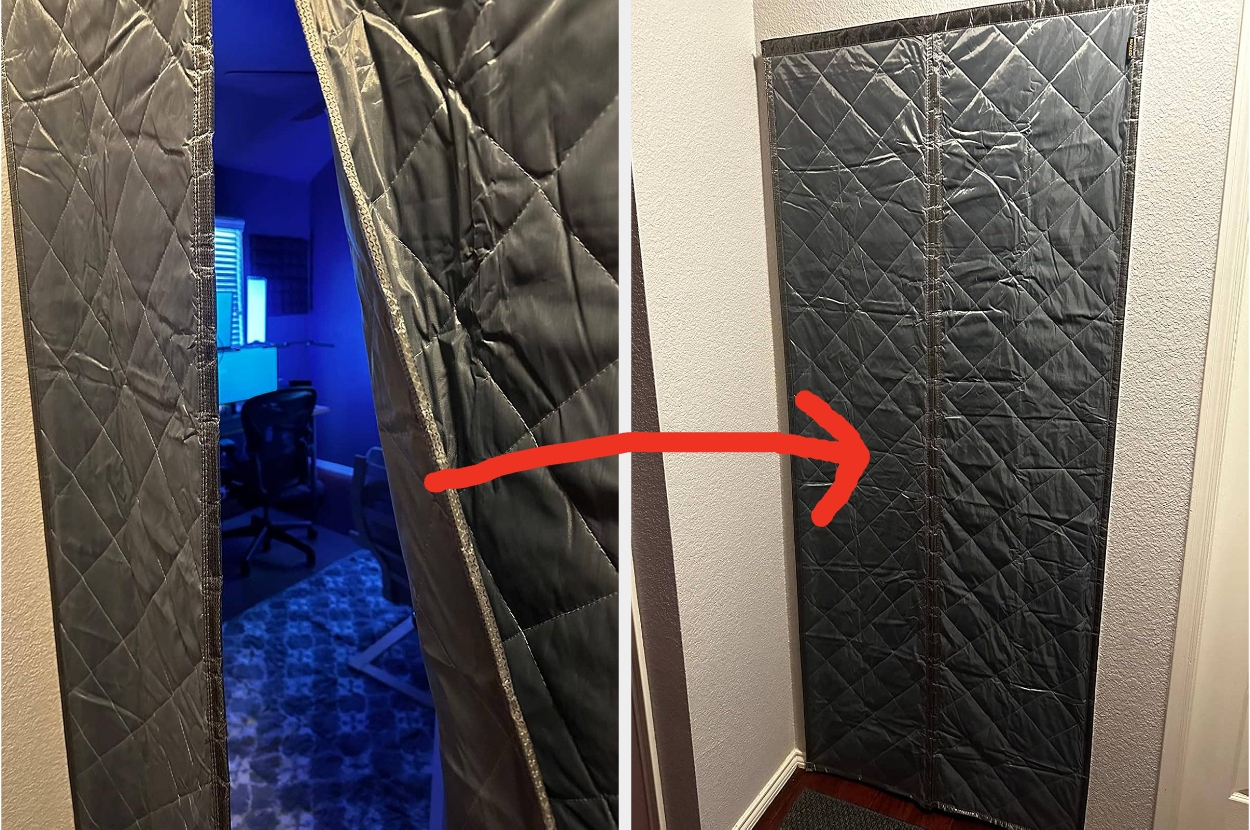 Doorway with a heavy-duty quilted door cover, shown from illuminated and closed perspectives, indicating soundproofing or thermal insulation use