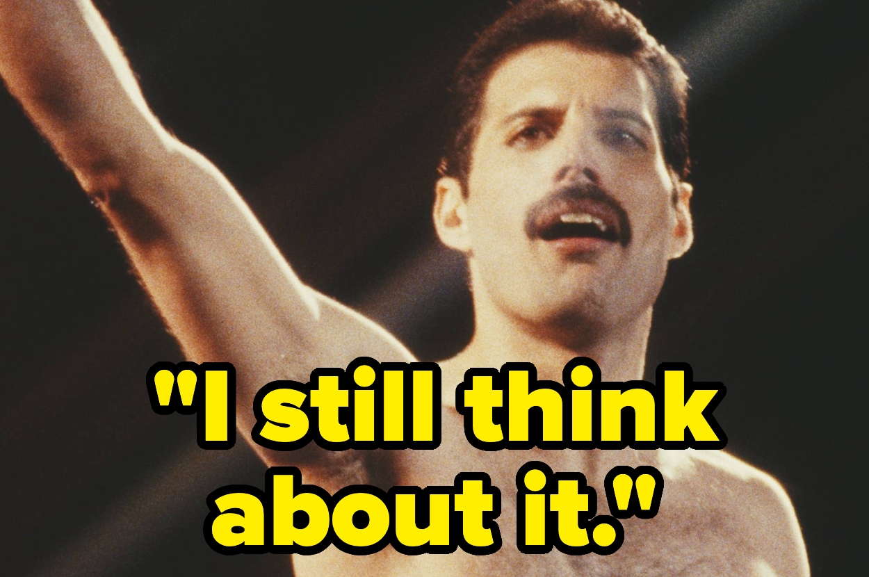 Performer on stage with arm raised and text overlay: "I still think about it."