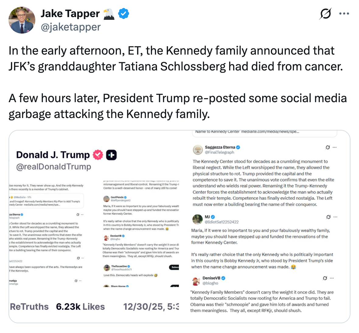 Jake Tapper tvitret om JFKs barnebarn Tatiana Schlossbergs bortgang og Trumps påfølgende repost på sosiale medier som angrep Kennedy-familien