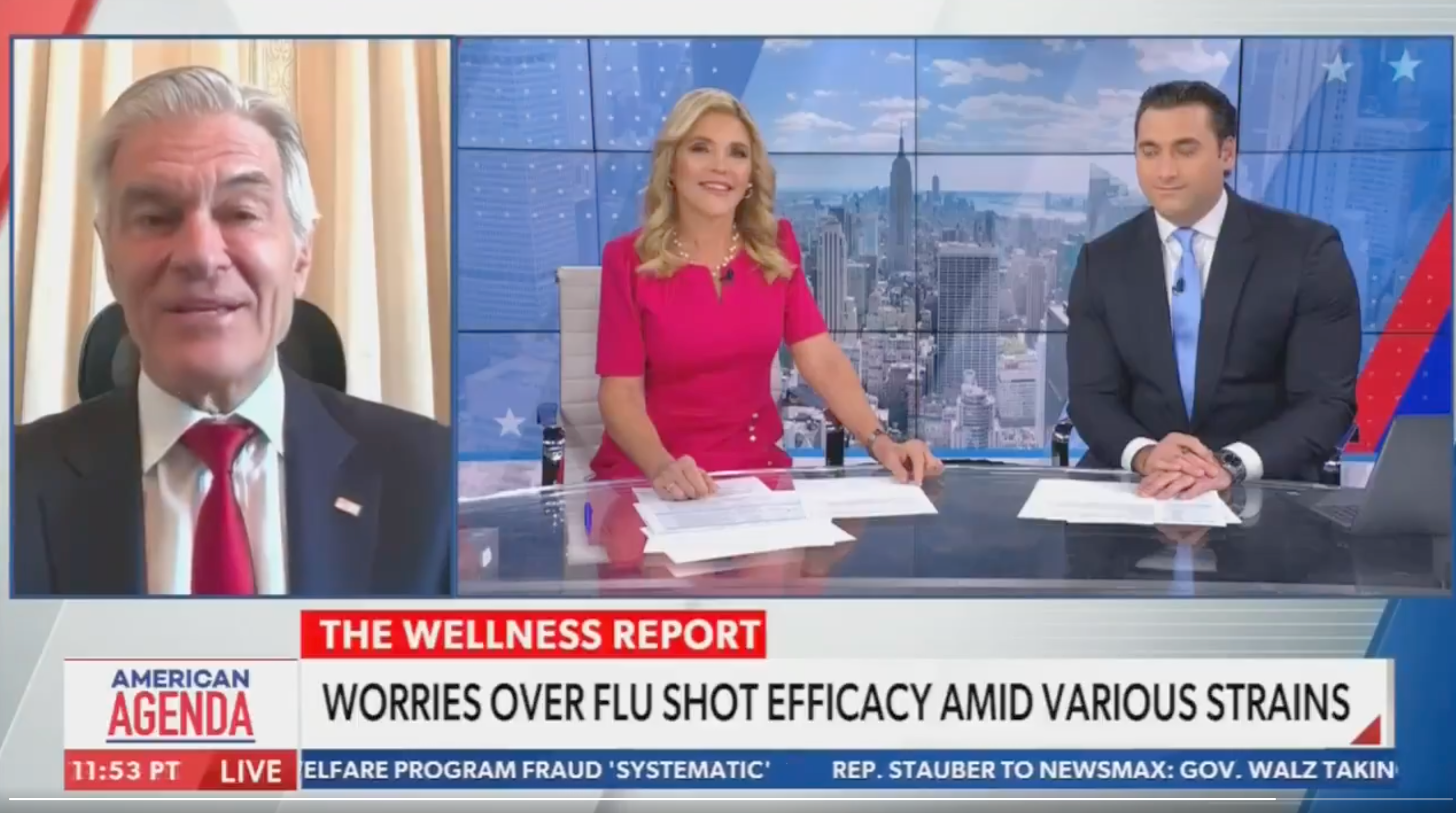 News broadcast with 3  anchors discussing flu changeable  efficacy. Two anchors astatine  a desk, 1  connected  a video call. Text mentions concerns astir  flu strains