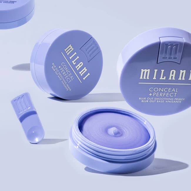 Milani Conceal + Perfect Blur Out Smoothing Primer containers are unfastened and closed, showing texture. Suitable for constitution application