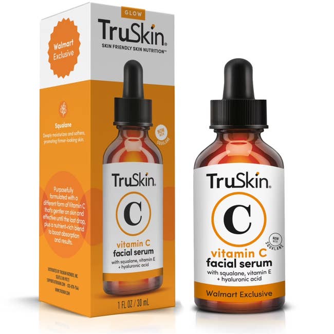 TruSkin Vitamin C facial serum vessel and packaging, highlighting ingredients similar squalane, vitamin E, and hyaluronic acid