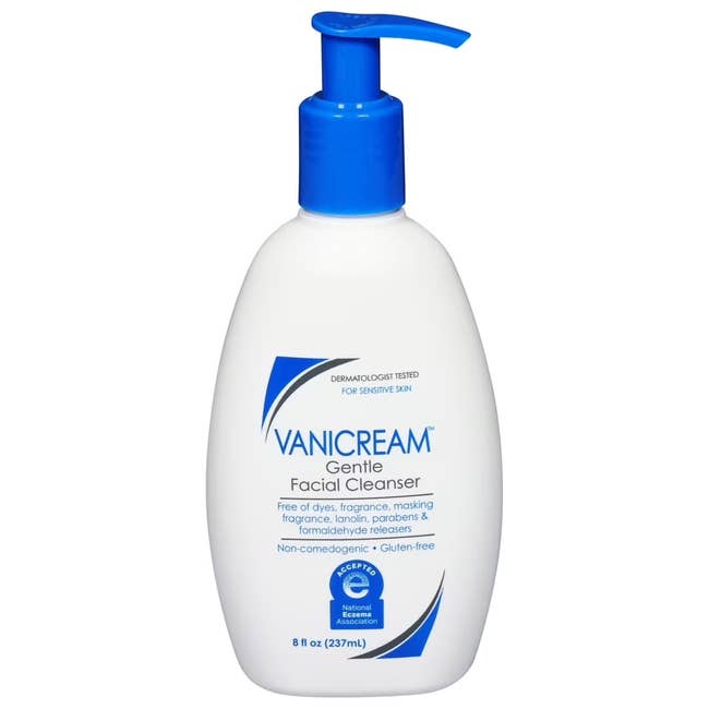 Vanicream Gentle Facial Cleanser vessel with bluish pump, labeled for delicate skin, escaped of dyes and fragrances, 8 fl oz