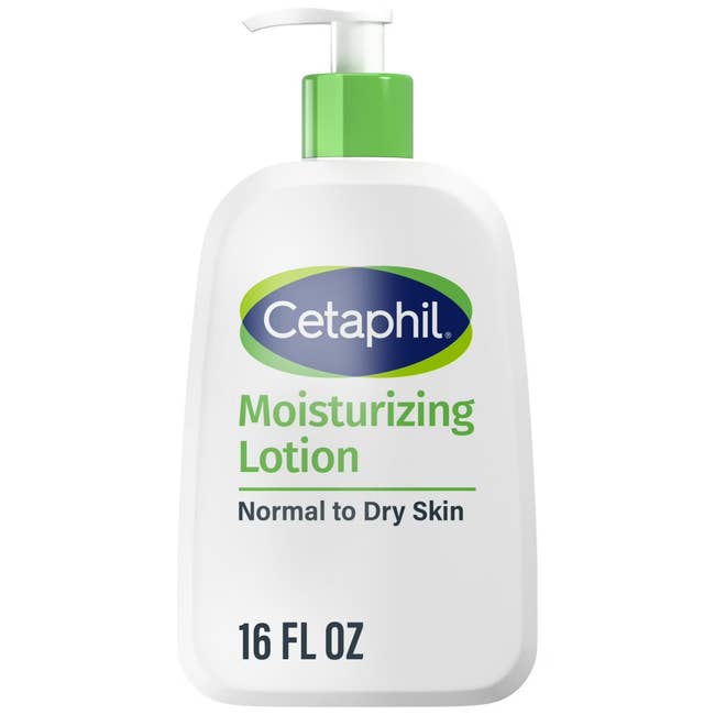 Cetaphil Moisturizing Lotion bottle, 16 fl oz, designed for mean to adust skin, with a pump top